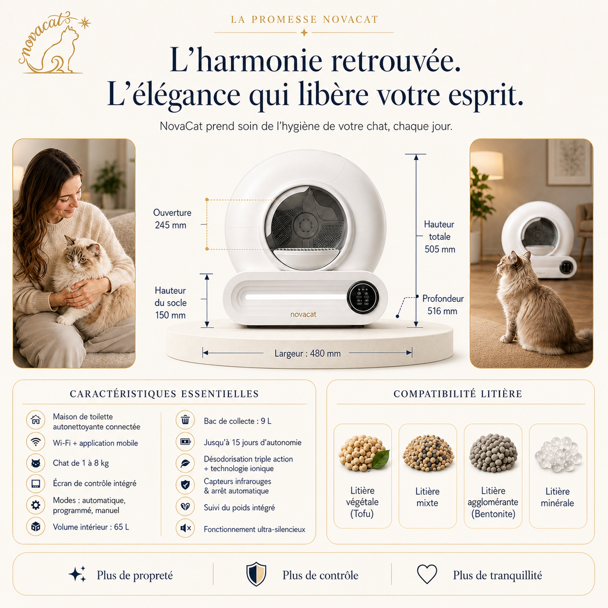 NOVACAT™ – La Litière Auto-Lavante Ultra-Silencieuse & 100% Sécurisée 65 L