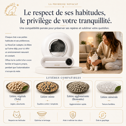 NOVACAT™ – La Litière Auto-Lavante Ultra-Silencieuse & 100% Sécurisée 65 L